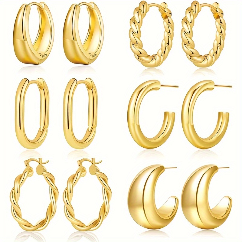 

6 Pairs/ Set Sterling 925 Silver Hypoallergenic Hoop Earrings Elegant Simple Style Trendy Female Gift
