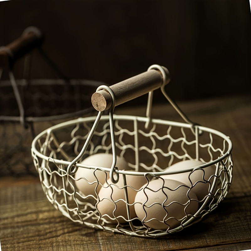 TEMU Rustic Style Mini Egg Basket - Heavy Duty Ironwood Line Storage, With Ergonomic Handle, Space-saving Oval Design, Mini Egg Basket Holds 24 Eggs,