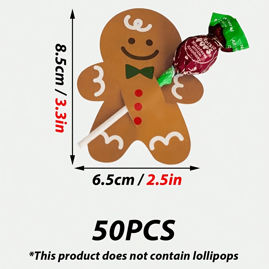 TEMU 50 Stück Lebkucchmann-Lutscher-Etiketten, geeignet für DIY-Bastelarbeiten, Weihnachts-Süßigkeiten-Anhänger mit Lebkucchmann-Formen, mehrfarbige