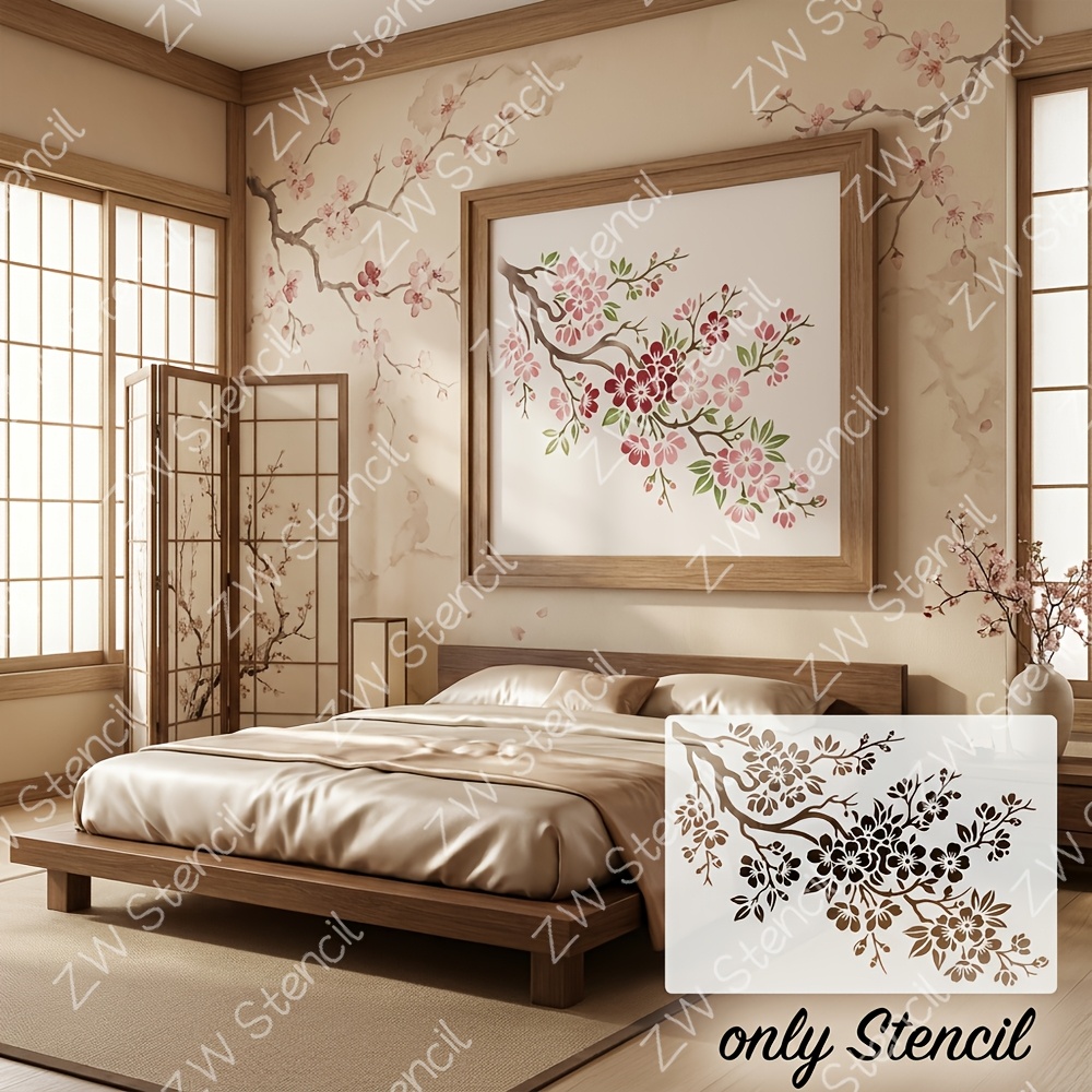 TEMU 2pcs Large Cherry Stencils Suitable For Diy Home Decor, Reusable Flower Branch Templates With Sakura Patterns For Wall Art, Canvas Painting,