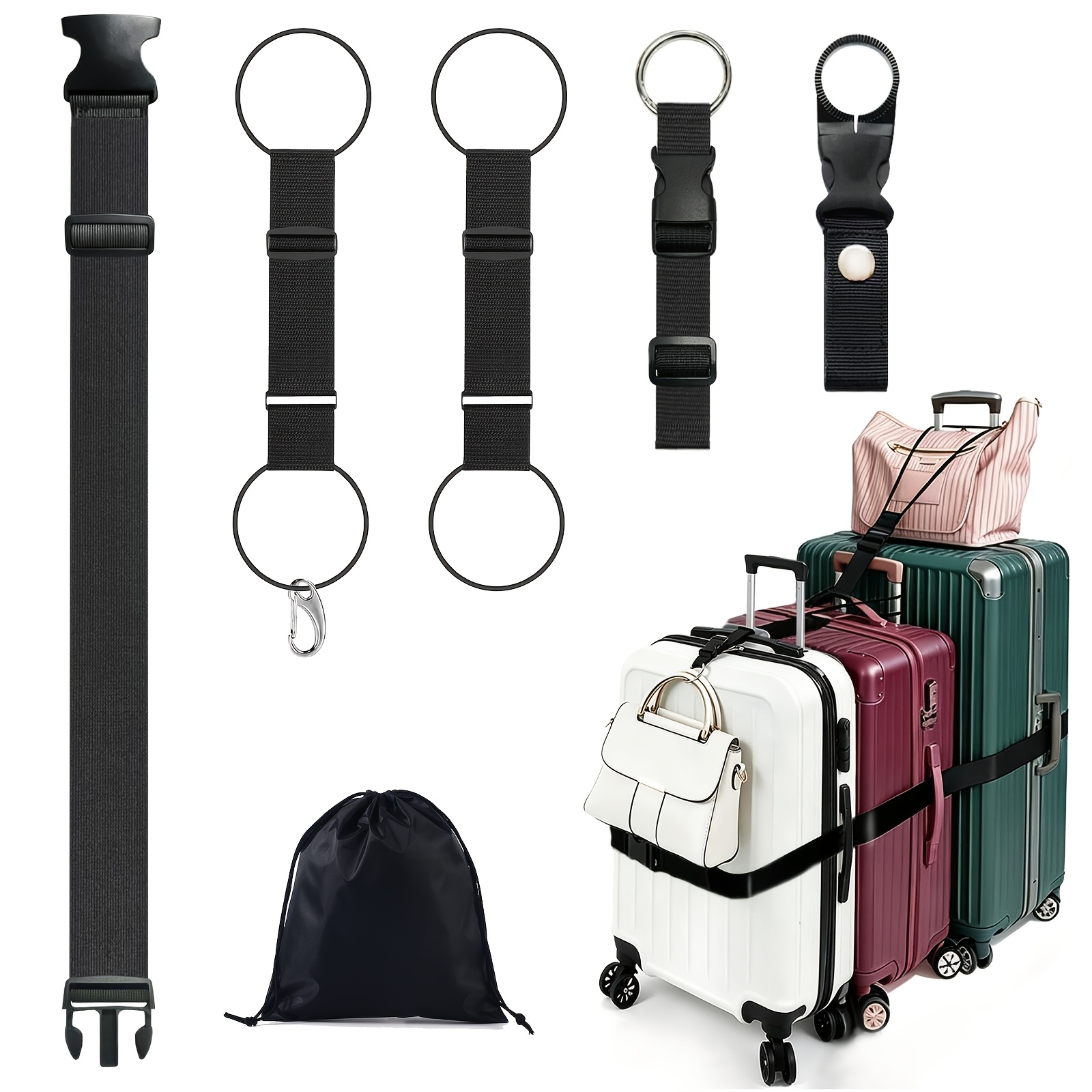 TEMU 5pcs Luggage Straps For Multiple Suitcases, Multi-use Strong Adjustable Elastic Luggage Connector Straps With Anti-slip Clip For Connecting