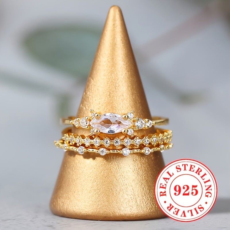3 Piece Set S925 Sterling Silver Stackable Rings with Cubic Zirconia