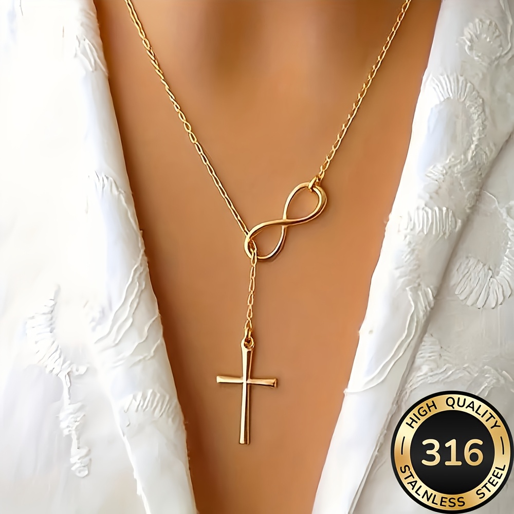 collier croix dorée en acier inoxydable de haute qualité,   à la décoloration, simple et élégant, adapté au port   ou aux  , accessoire de bijouterie tendance pour femmes, un cadeau délicat   Détails du produit 3