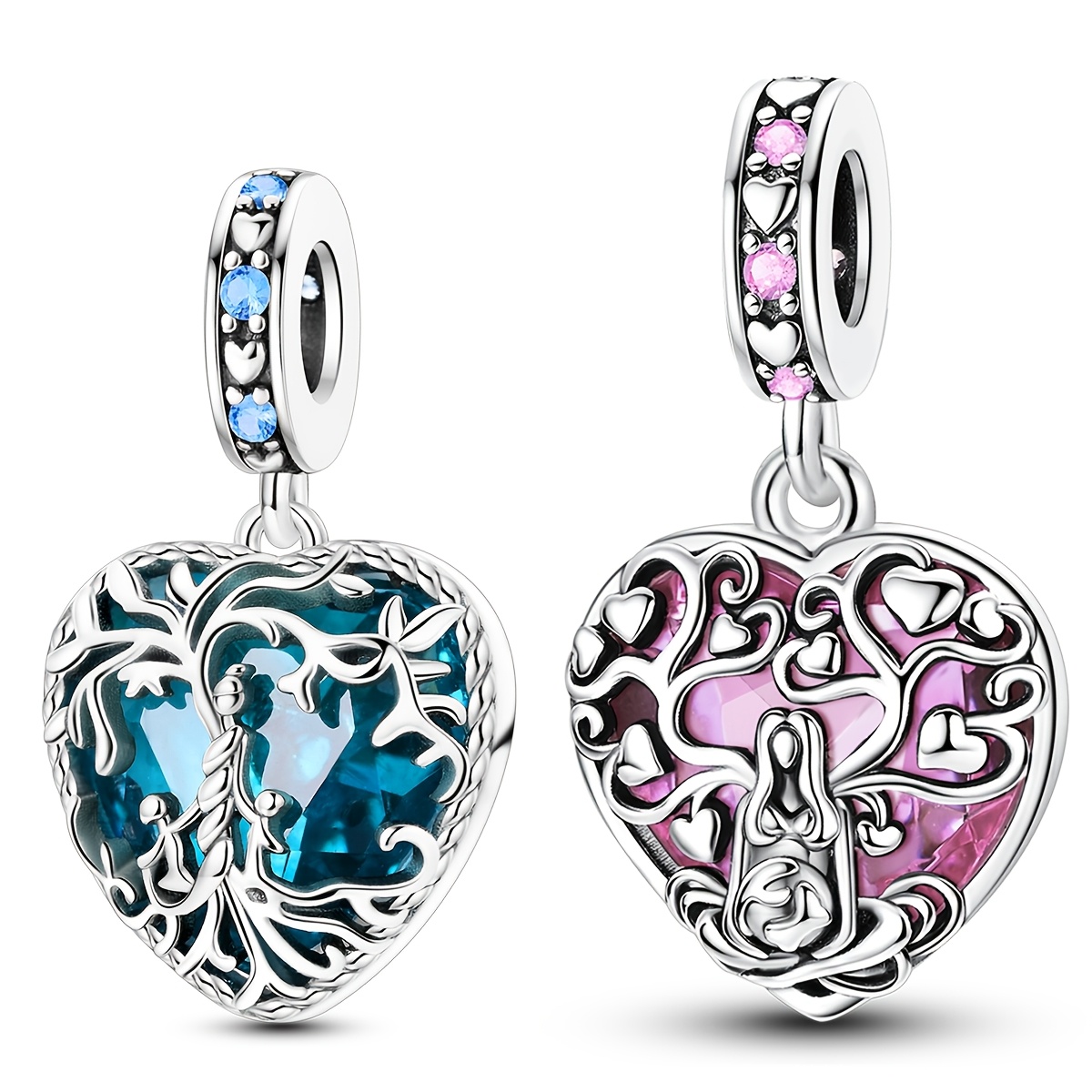 Silver Plated Blue Heart Glass Life Tree Charm