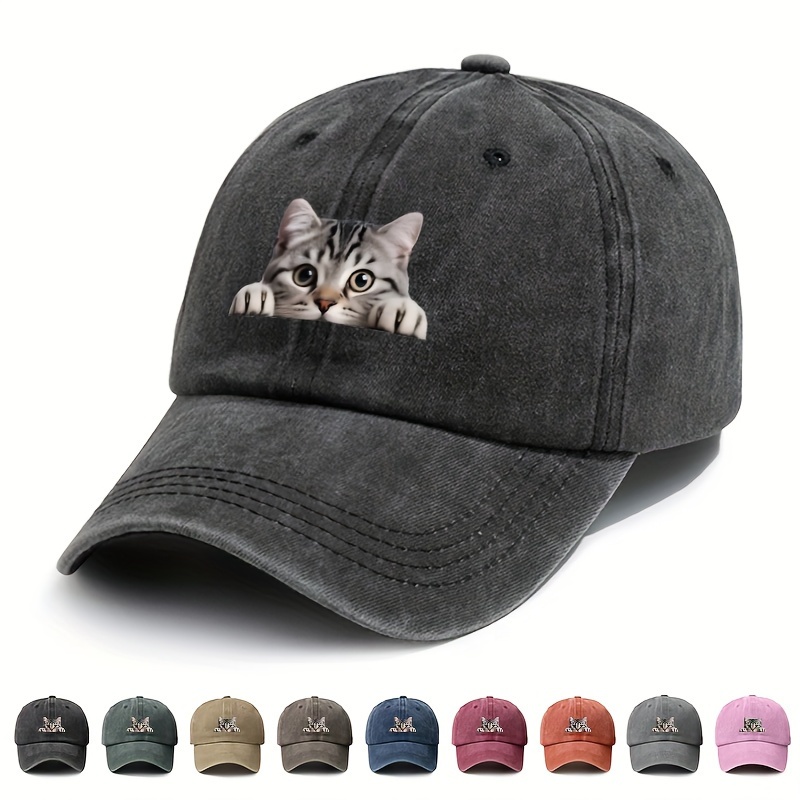 

Cool Hippie Curved Brim Baseball Cap, Adorable Kitten Print Distressed Trucker Hat, Snapback Hat For Casual Leisure Outdoor Sports