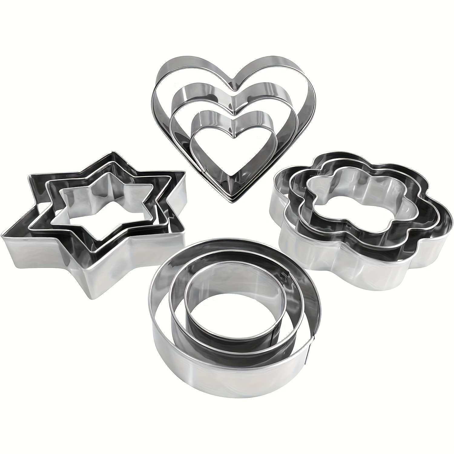 E-shop 12-teiliges Edelstahl-Formen-Set - Stern, Rund, Herz und Blumenformen zum Backen und für Gemüse - Wiederverwendbare Küchenhelfer,