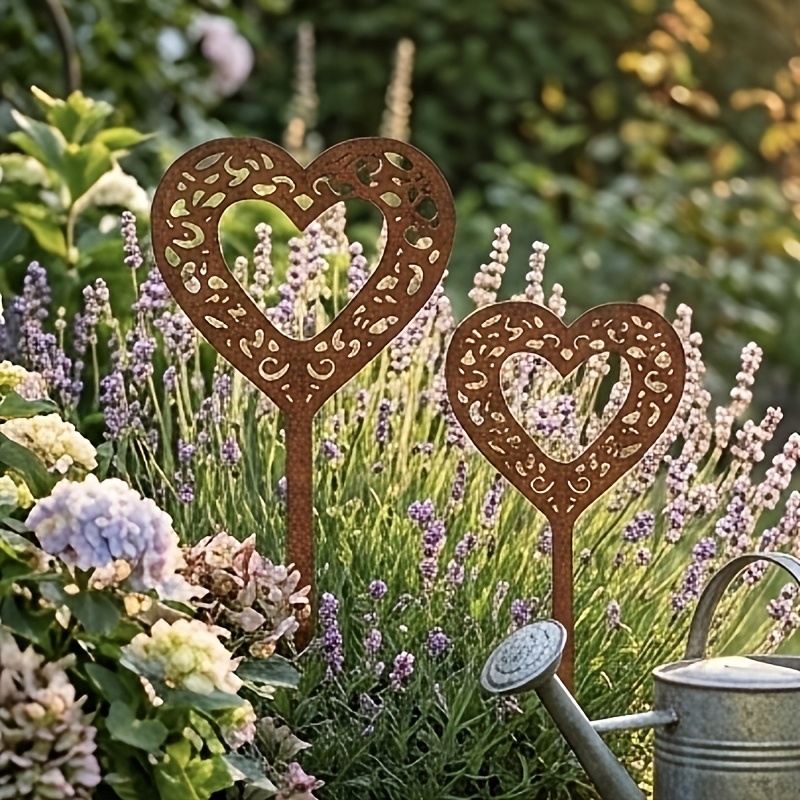 item picture 2d flat 2pcs rustic heart garden stakes metal hollow out heart shaped garden art decor vintage   flower pot ornaments for outdoor backyard patio  