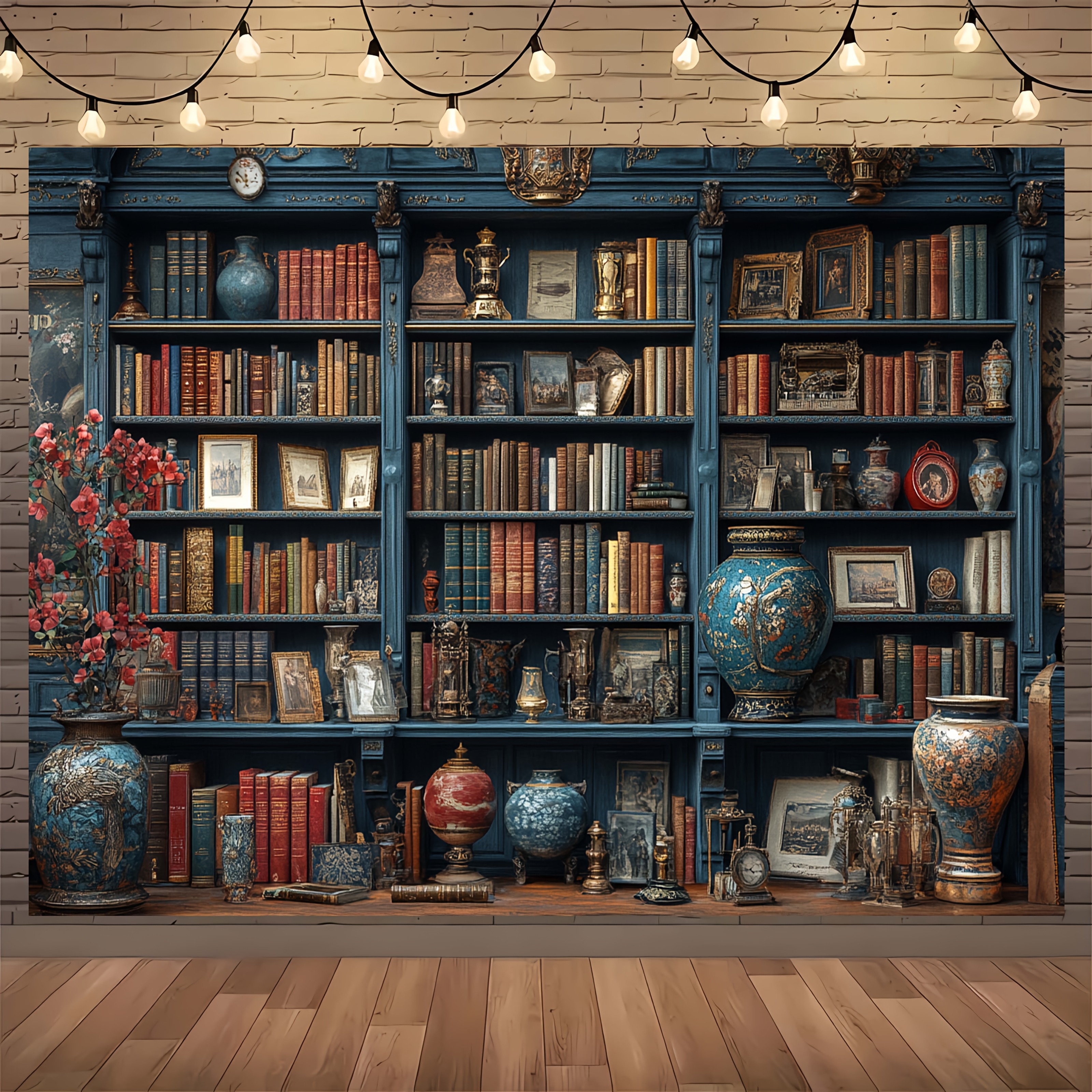 

Elegant Blue Bookshelf Backdrop With Floral Accents - Polyester, No Power Needed - Ideal For Home Library Wall Decor, Living Room & Bedroom - Photography Prop, Book Decor