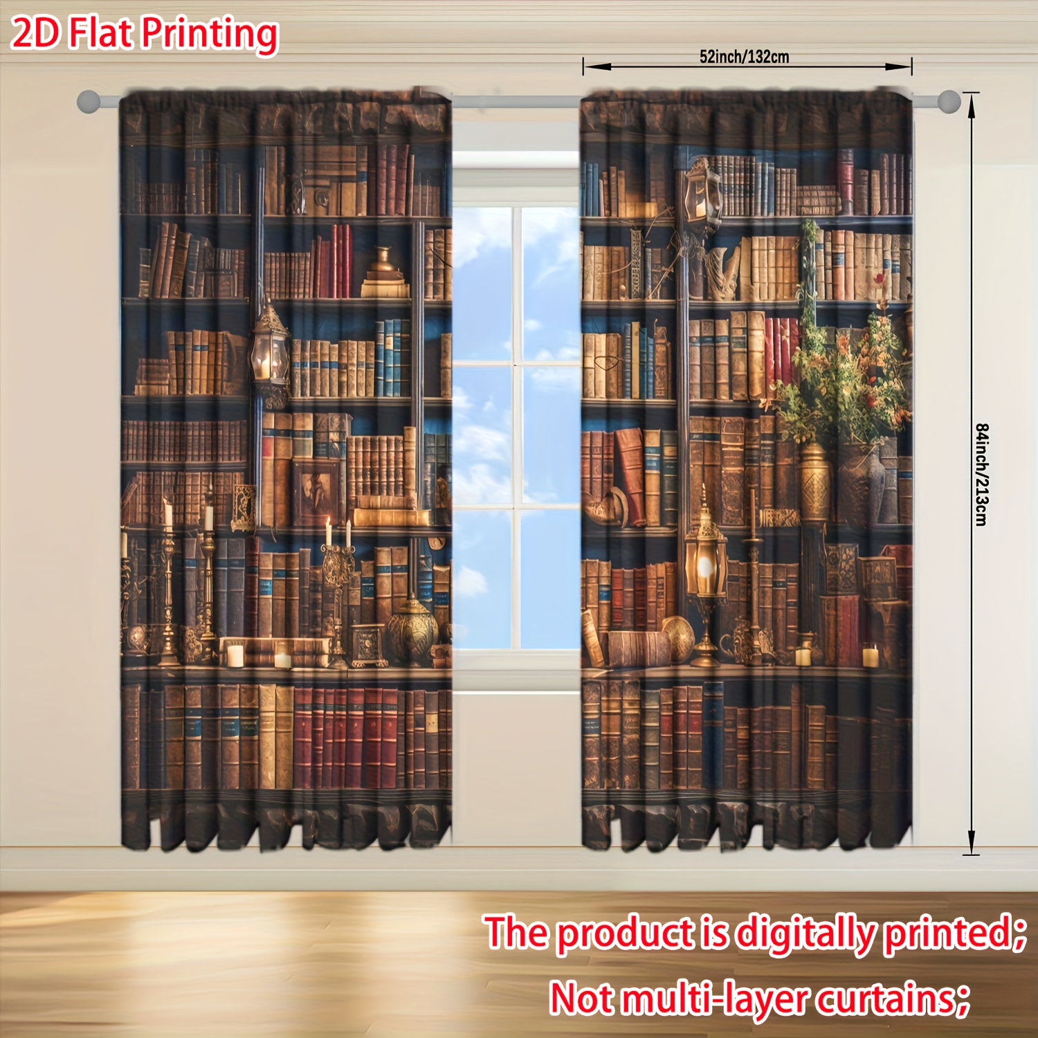 2d Flat, 2d Flat Printing 2pcs Printed Curtain For Home Decor - Rod Pocket Window For Bedroom, Office, Kitchen, Living Room, And Study, 2d Flat