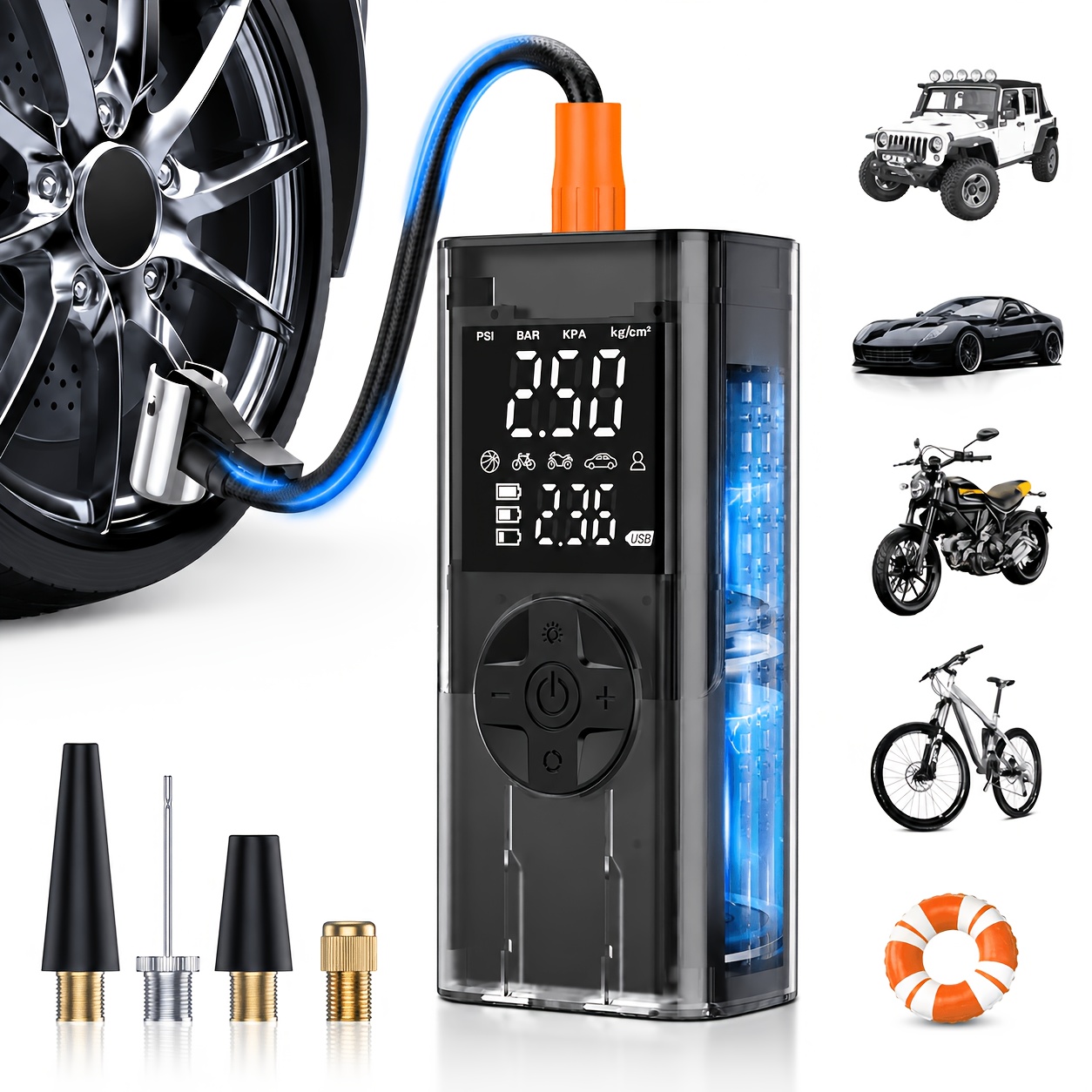TEMU Portable Tire Inflator With Digital Pressure Gauge, Portable Air Compressor, 150psi/210 Psi, 22 Cylinders, Built-in 12v Car Emergency Jump