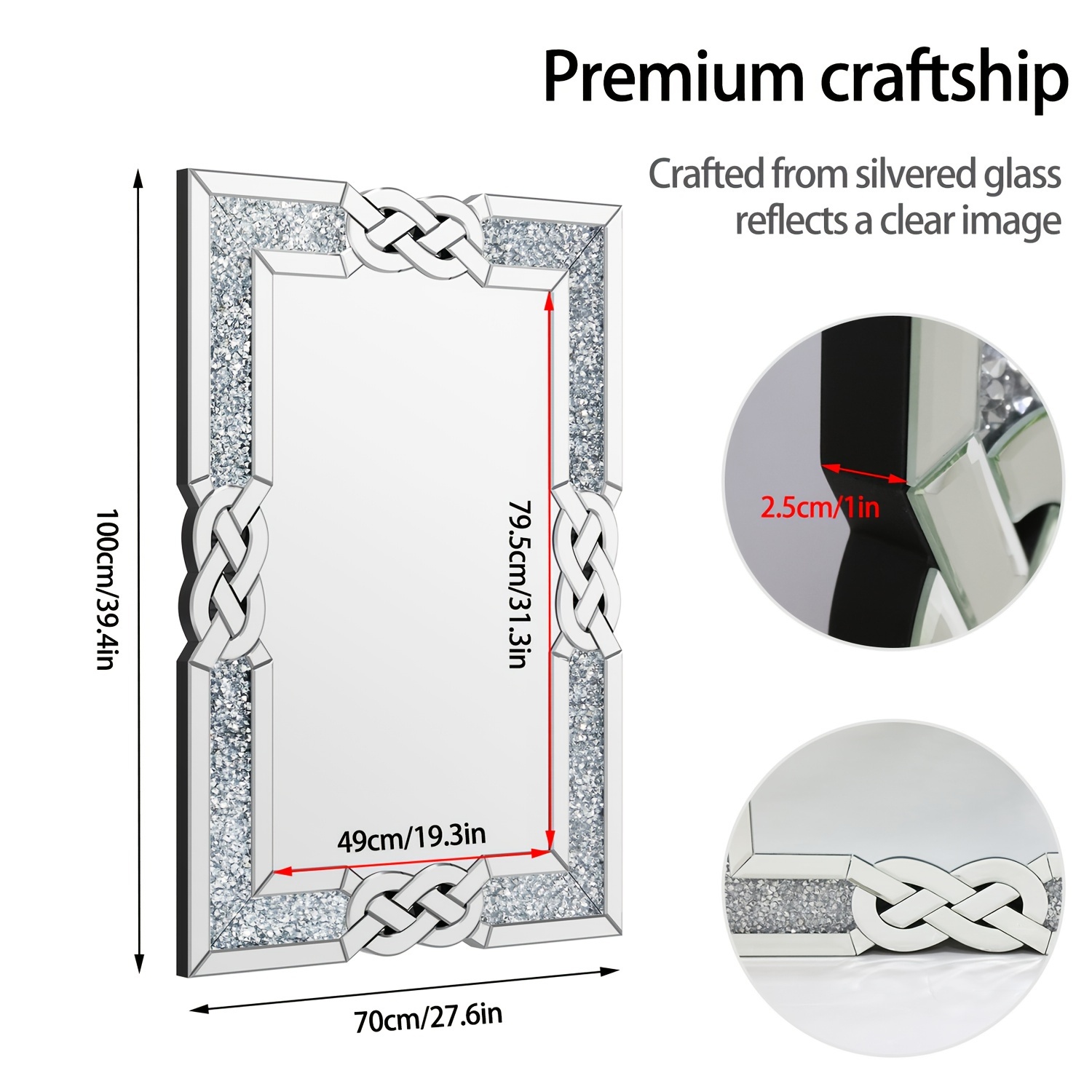 TEMU Large Rectangle Crushed Diamond Wall Mirror Diamante Gems Crystal Sparkly Accent Silvery Mirror Home Hallway Deco, 100x70cm, 1pc