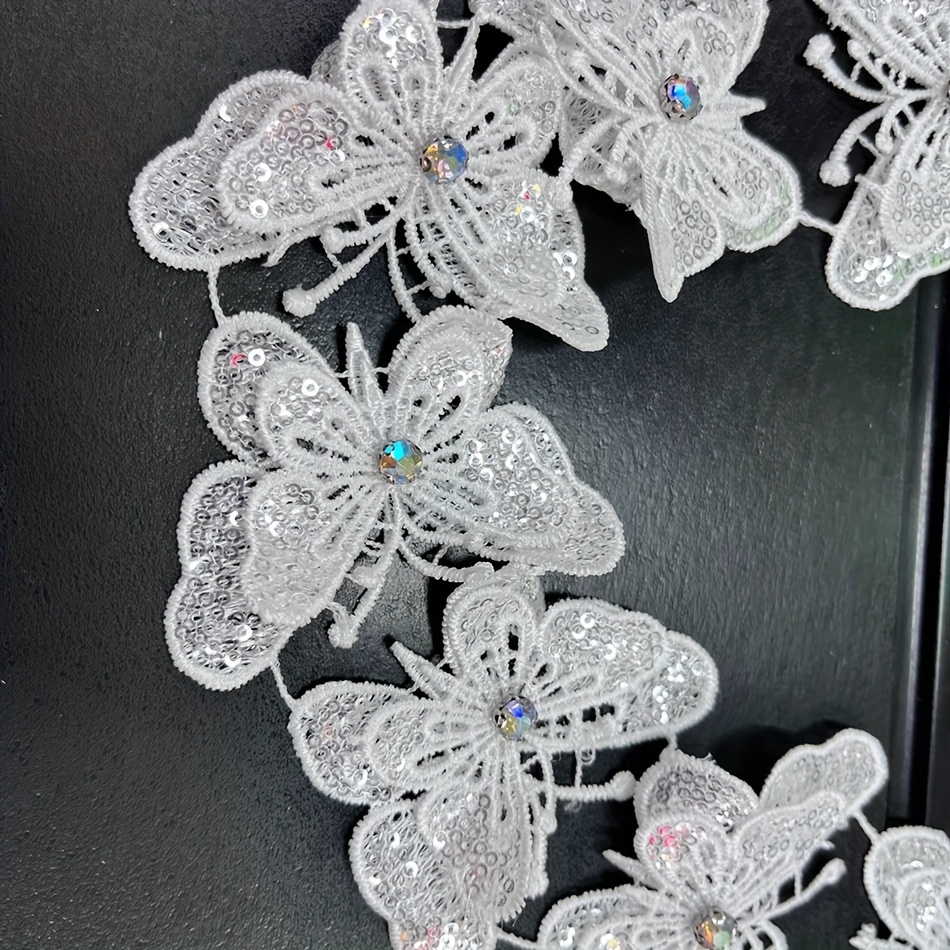 TEMU Ruban de Dentelle Brodé Papillon à Paillettes Blanches de 36" avec Strass - Ruban d'Artisanat Élégant pour Vêtements, Chapeaux, Chaussures,