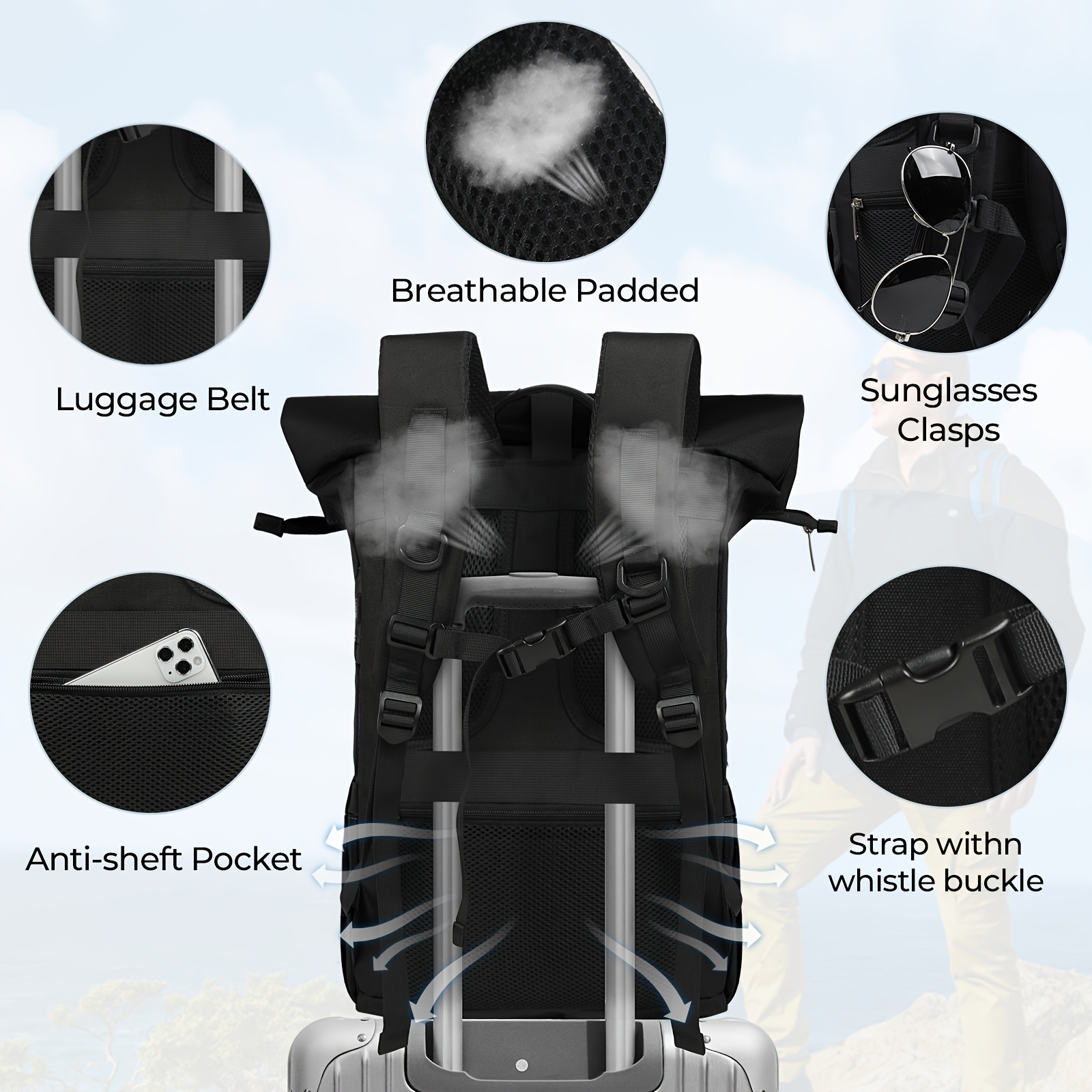 RAINSMORE 17-inch Travel Laptop Backpack for Outdoor Hiking, Unisex, Suitable for Hiking, Mountaineering, Work, Camping, Large Capacity Backpack, Black