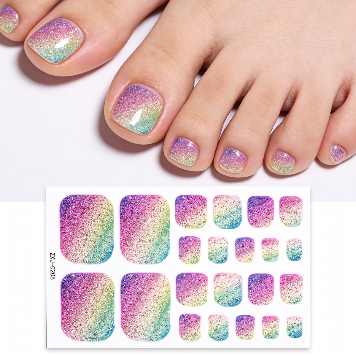 1pc Rainbow Gradient Glitter Toe Nail Strips Spring/summer Shimmer Full Nail Wraps Easy To Apply Perfect For Women's Work, Vacation, Dates, And