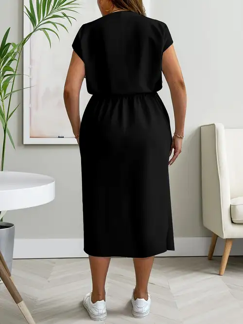 plain black casual dress Vsssj Women 3/4 Sleeve Plain Loose Comfy Midi T-Shirt Dresses Round Neck Solid Color Casual Swing Simple Loungewear Long Dress Black M, Women's, Size: