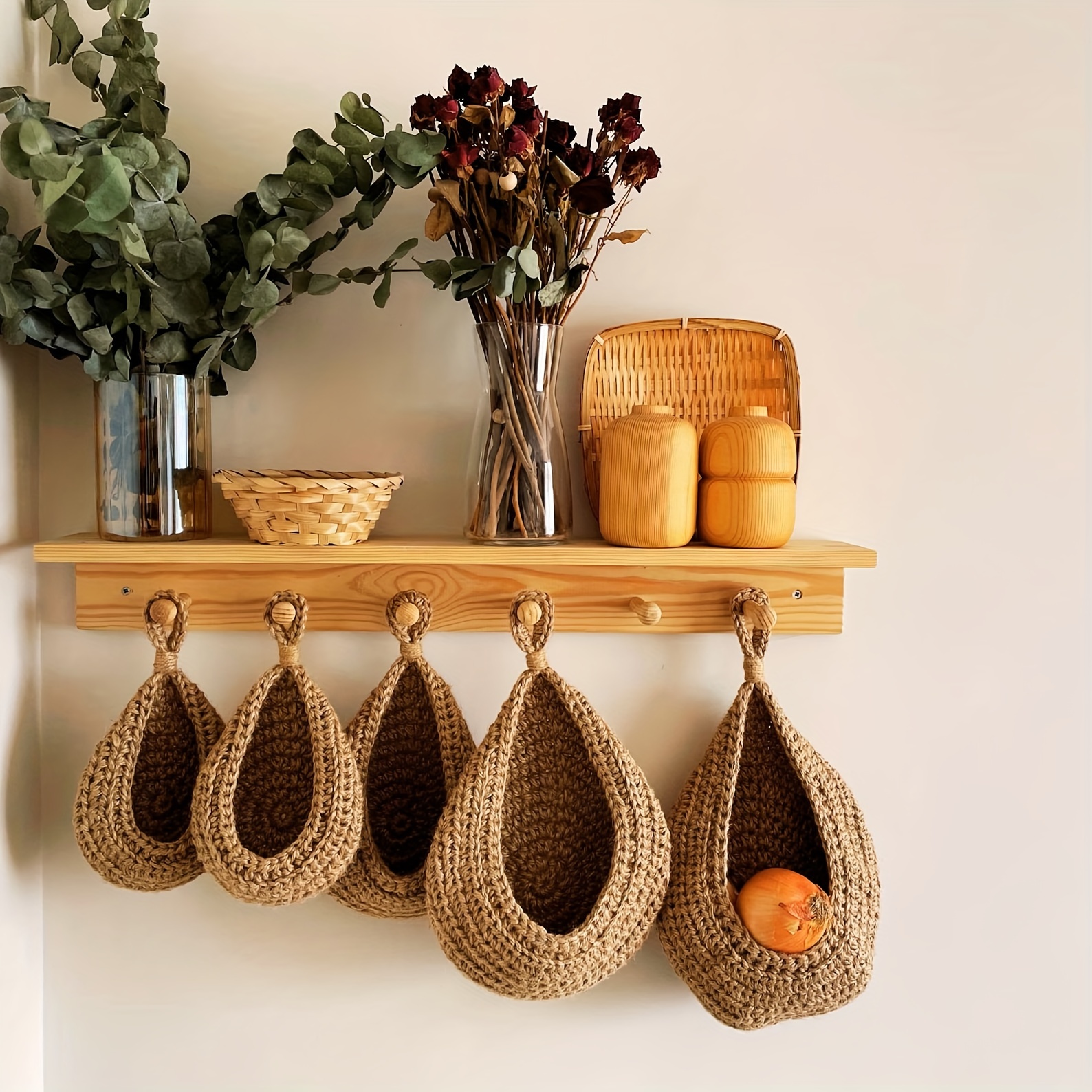 

Rustic Jute Wall-hanging Storage Baskets Set - Perfect For Fruits, Vegetables & Kitchen Organization