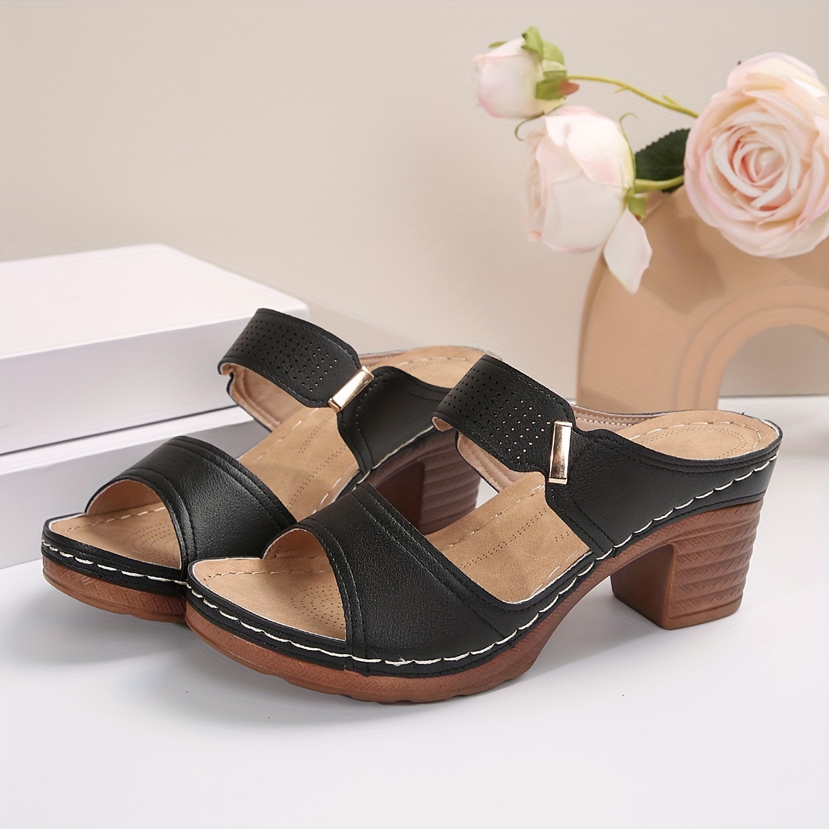 women s chunky heel sandals fashion open toe dress pumps details 4