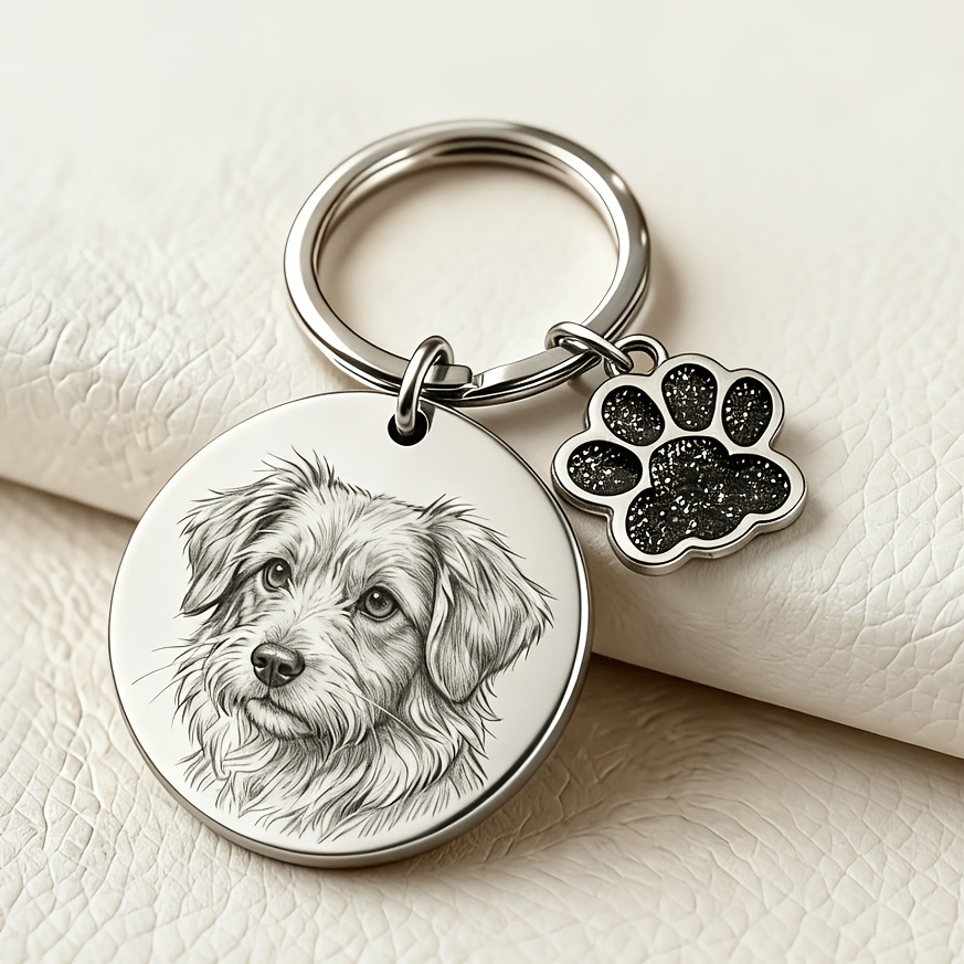 TEMU [customized] Stainless Steel Round Keychain, Laser-engraved Pet Photo, With An Dog Paw, A Unique Gift For Cat And Dog Lovers Around You