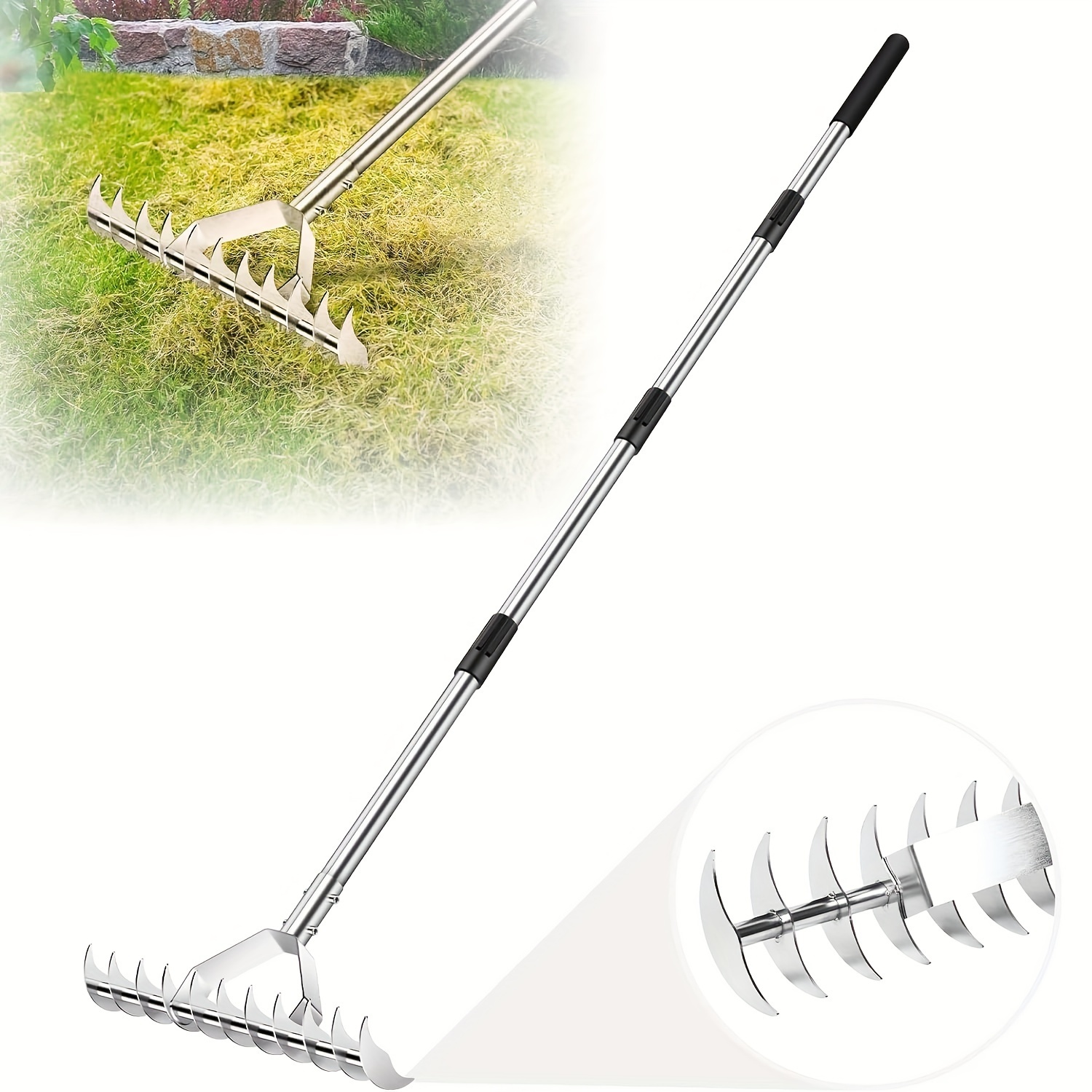 TEMU 62" Thatch Rake, 15-inch Wide Lawn Thatching Rake For Cleaning Dead Grass, 11 Curved Steel Double-sided Dethatching Rake For Garden, Lawn