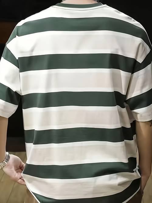summer mens short sleeve printed striped versatile round neck casual