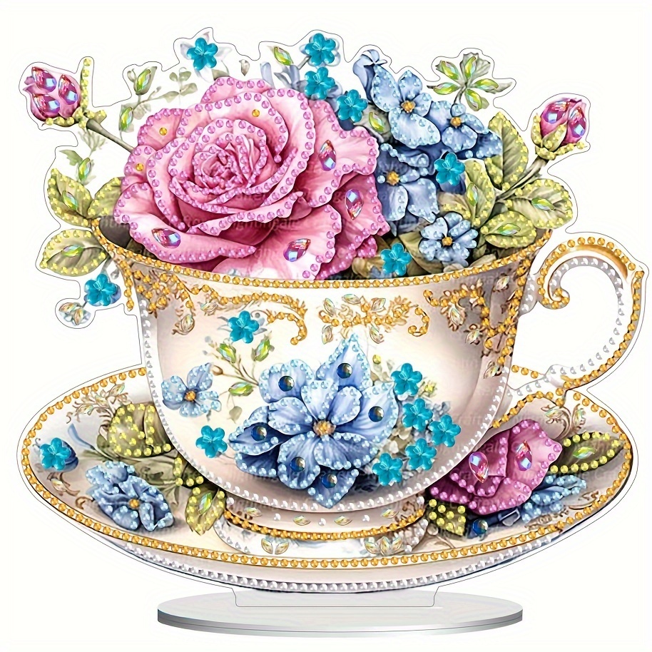 

5d Floral Teacup Diamond Painting Kit, Diy Irregular Shaped Acrylic Mosaic Art Craft With Roses And Forget-me-nots For Home Table Decor And Gift Box