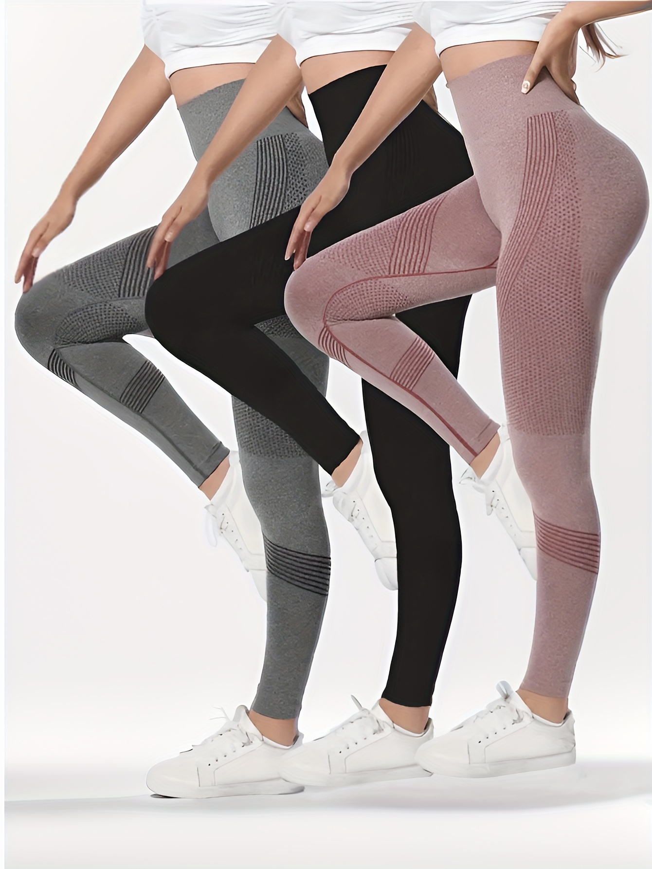 Plus Size Sports Leggings, Women's Plus Solid Contrast Lace Trim Elastic  High Waisted Running Yoga Capri Pants
