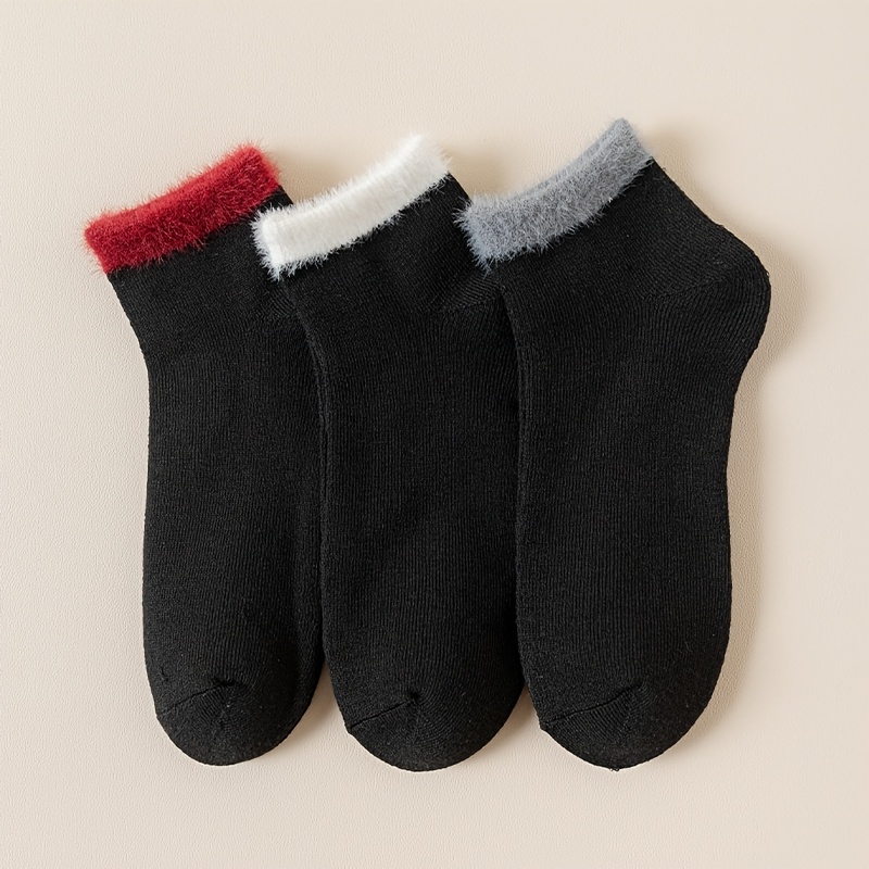 TEMU 3 Pairs Women's Autumn Winter Thick Fleece Solid Short Socks Ins Trendy Versatile Preppy Style Colorful Trim Plush Socks