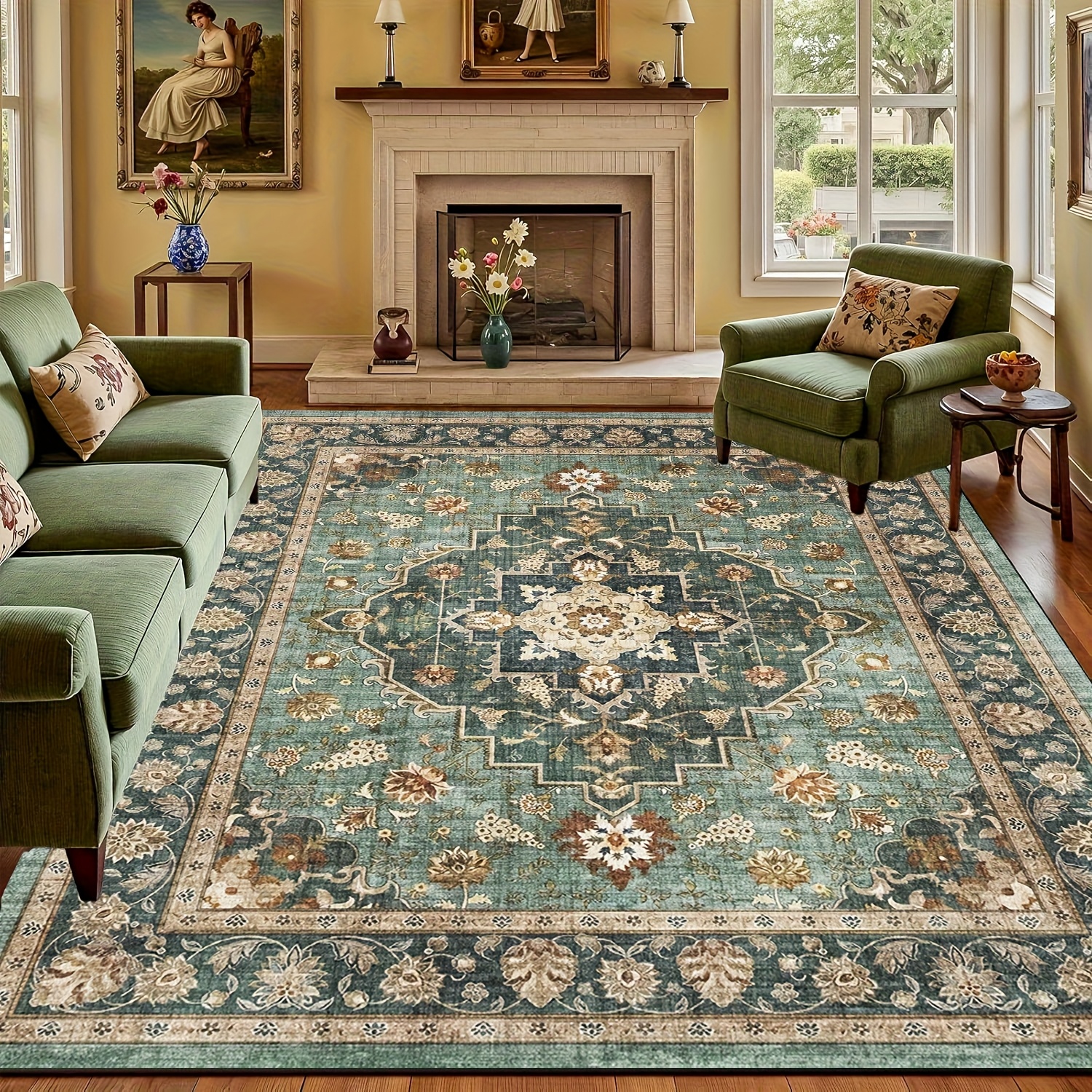 TEMU 1pc Of Luxurious Green Velvet Area Rug Featuring A Bohemian Pattern, Equipped With A Non-slip Backing And Machine Washable, Made From 100%