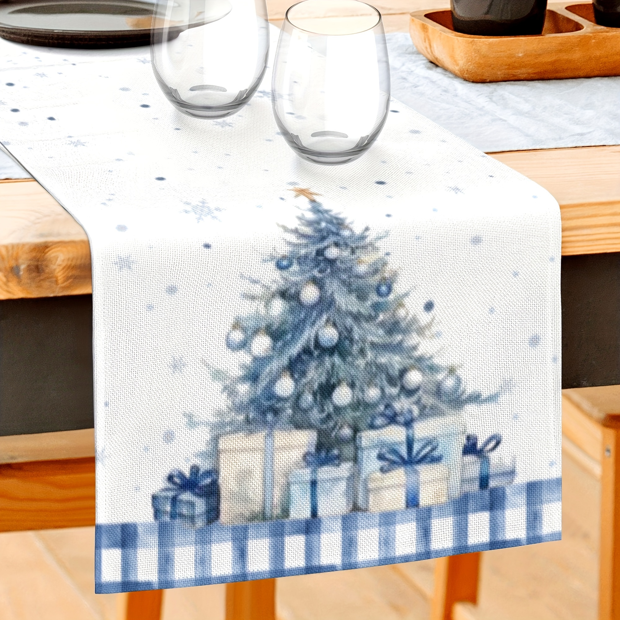 

& Blue Christmas Tree Linen Table Runner - Holiday Dining, Weddings & Parties - In 3 Sizes (13x48", 13x72", 13x108")