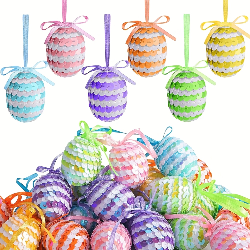 

30-pack Sequined Striped With Bows - No-electricity Glitter Hanging Egg Ornaments For Easter Tree, Spring & Universal Holiday Decor, Home &