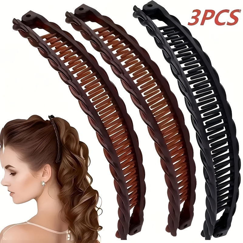 TEMU 3pcs Set Of Women's Large Banana Hair Clips - Retro Non-slip Double Prong Clips, Suitable For Thick Long Curly Hair, Firm And Anti-slip, Gentle