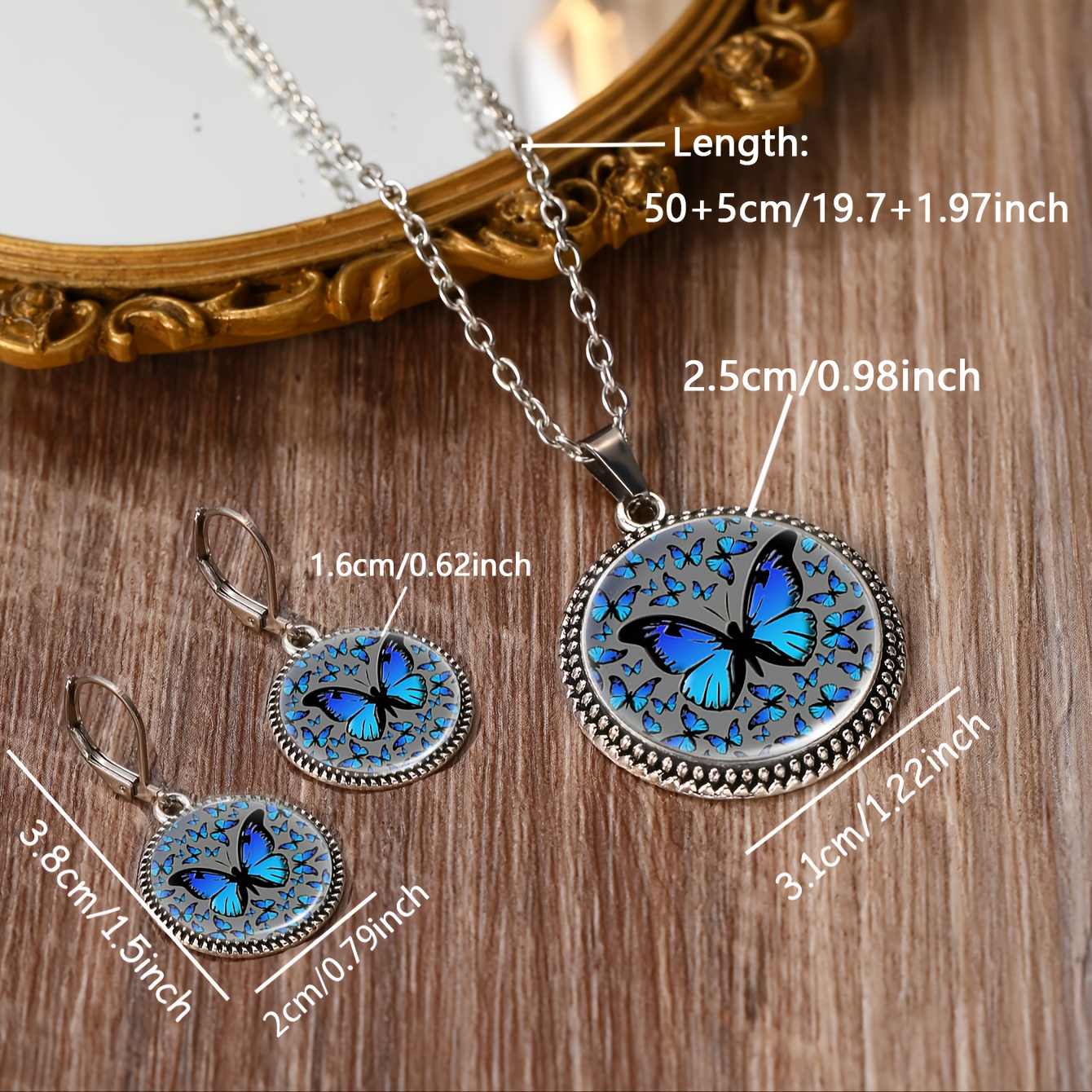 3pcs Elegant Blue Butterfly Pattern Necklace and Earrings Set