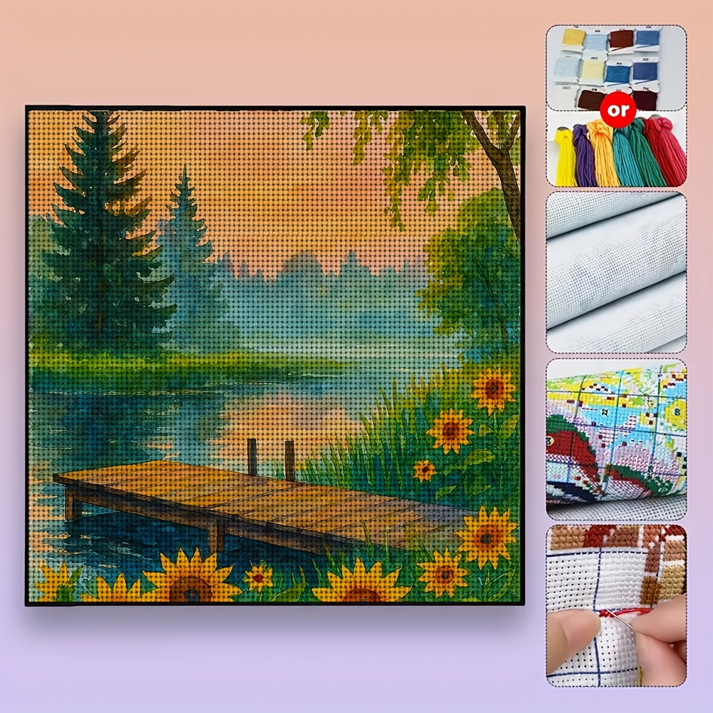 Lakeside Wooden Bridge Sunflower Pattern Cross-Stitch Kit