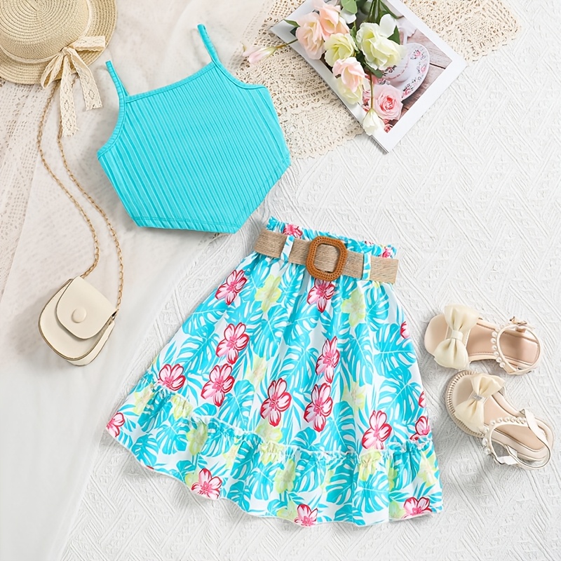 2pcs Summer Dress Set for Girls, 10-12 Years Off-Shoulder Striped Top  Floral Print with Brown Belt, Light Blue Pink Beach Pool, Beach