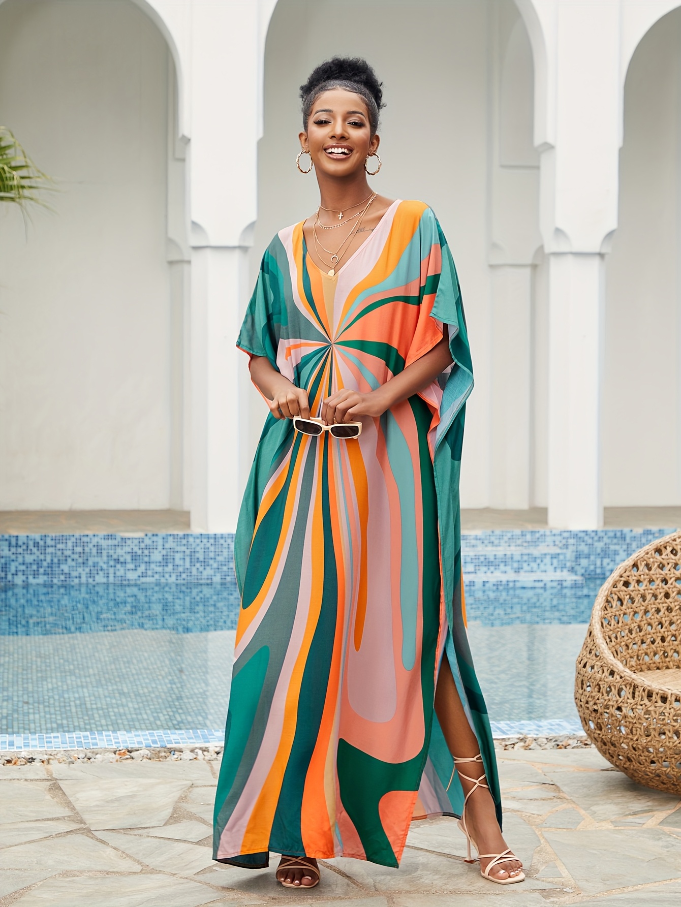 size v-neck kaftan dress - 100% rayon batwing sleeve maxi with side slit,  bohemian print pullover for spring/summer/fall, beach and casual wear |  Shop Trends | Temu