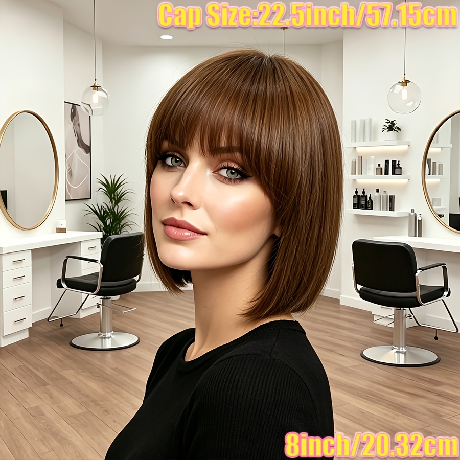 TEMU Usexy Women' Short Straight Bob Wig With Bangs - Human Hair Wigs Suitable For Daily Wear & Parties, Cap, Machine-made Bob Haircut With Bangs For