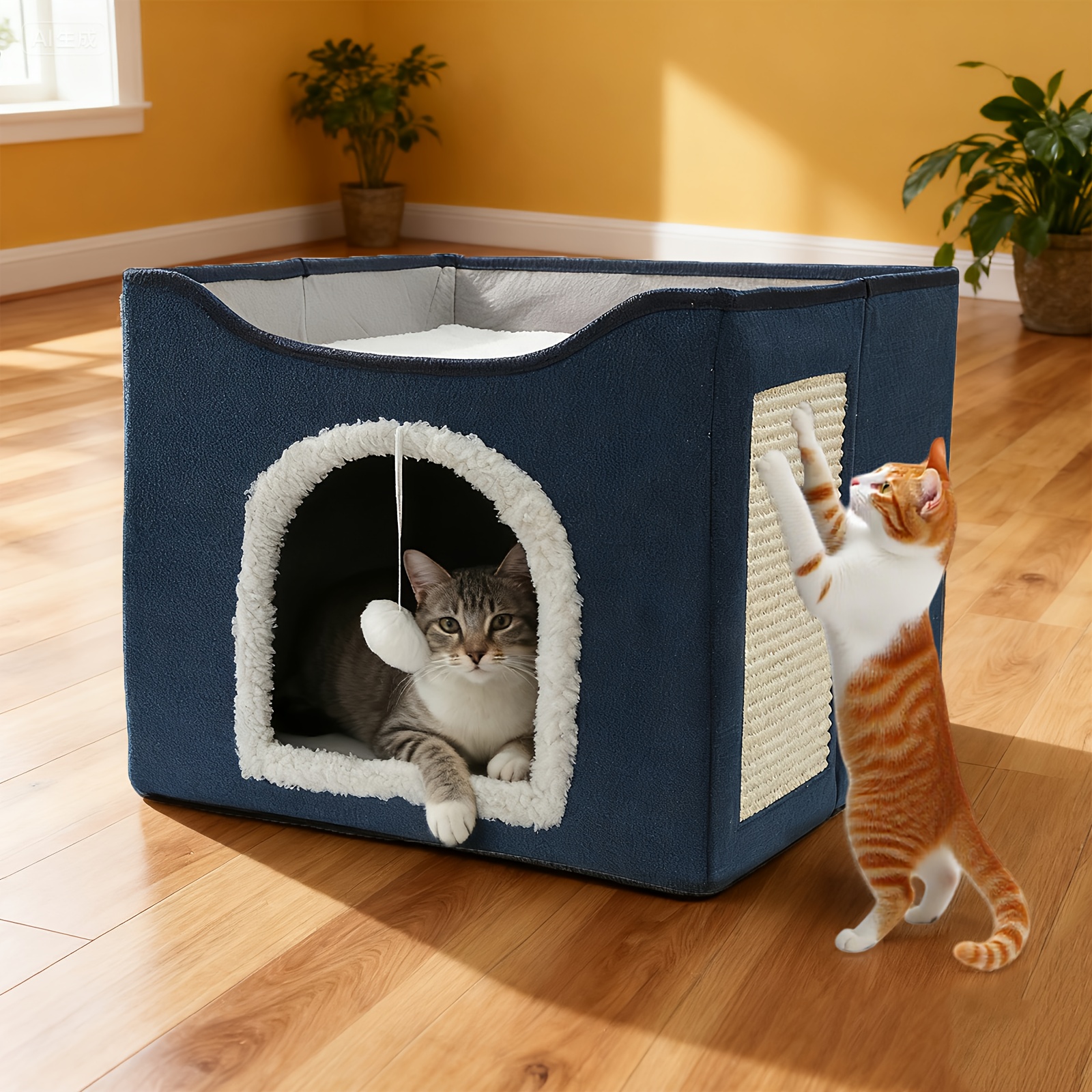 TEMU Maison & Condo pour chat - Amovible & Lavable, Nid de luxe pour animaux de compagnie avec griffoir, Rangement pliable, Grand espace pour chats -