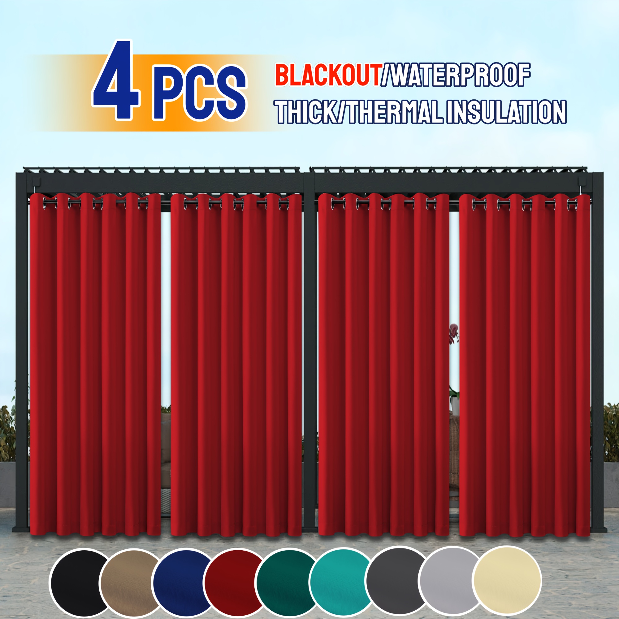 TEMU 4pcs Of 98% Heat-insulating, Light-blocking Outdoor Gazebo Privacy Curtains - Waterproof And Sun-resistant 100% Polyester Fabric With Rings, In