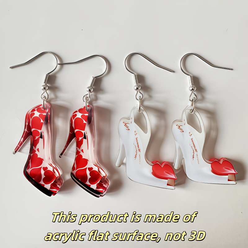 Image of 2d Flat - Fashionable , Exquisite And Elegant High Heels Red And White Solid Color Pendant Earrings, 2d Acrylic Material, Fashionable And Elegant , Suitable For Women' Casual Holiday Wear Or Gift