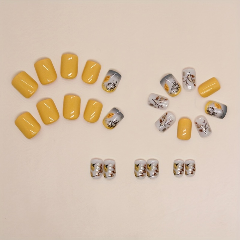 24pcs set glossy yellow press on nails short square fake nails romantic leaves style false nails solid color full cover fake nails for women girls daily wear details 2