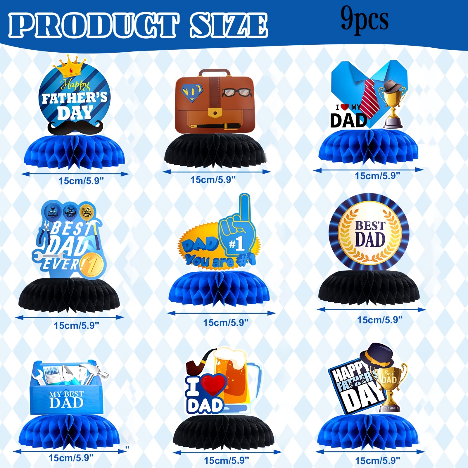 TEMU 9pcs Paper Father's Day Party Decoration Honeycomb Table Centerpiece, 9pcs Set Blue And Golden Father's Day Table Centerpiece, Best Dad Table