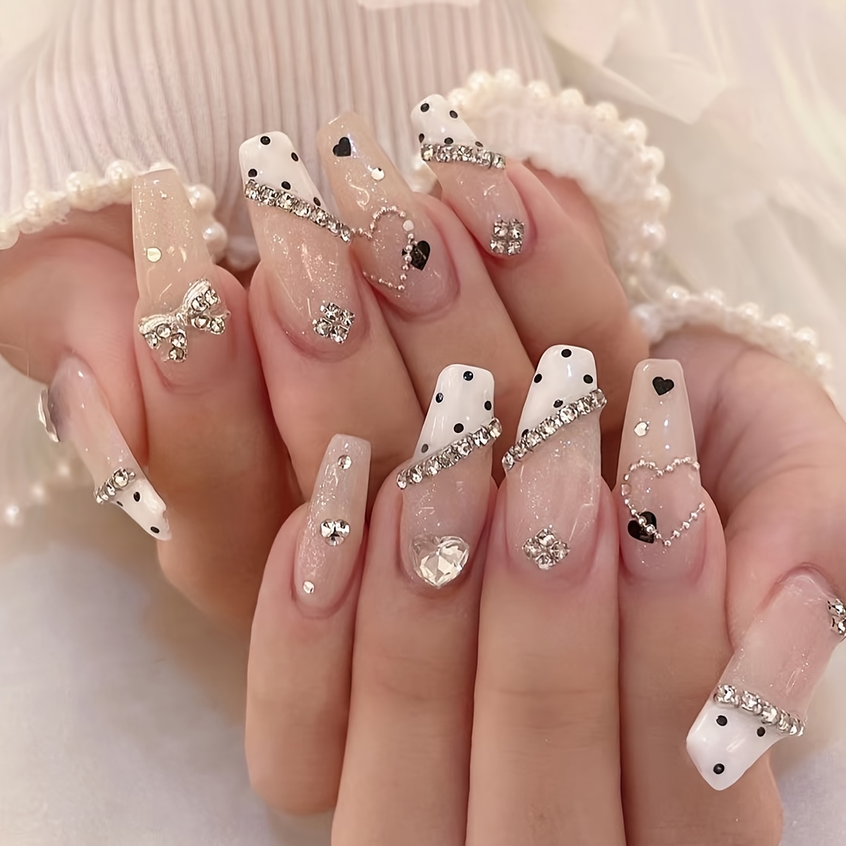 glittery bow polka dot cow print nail art long Temu Mauritius