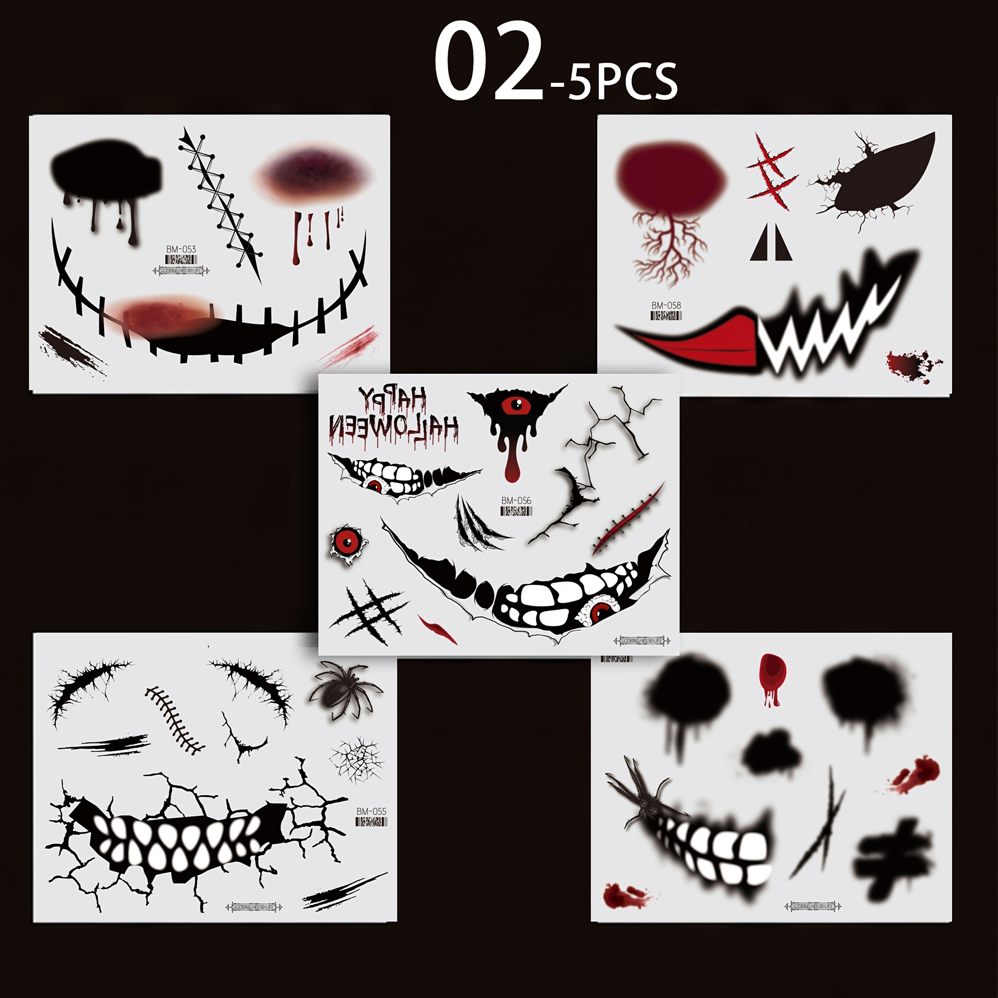 5pcs Halloween Scary Skull Clown Face Stickers, Temporary Tattoos