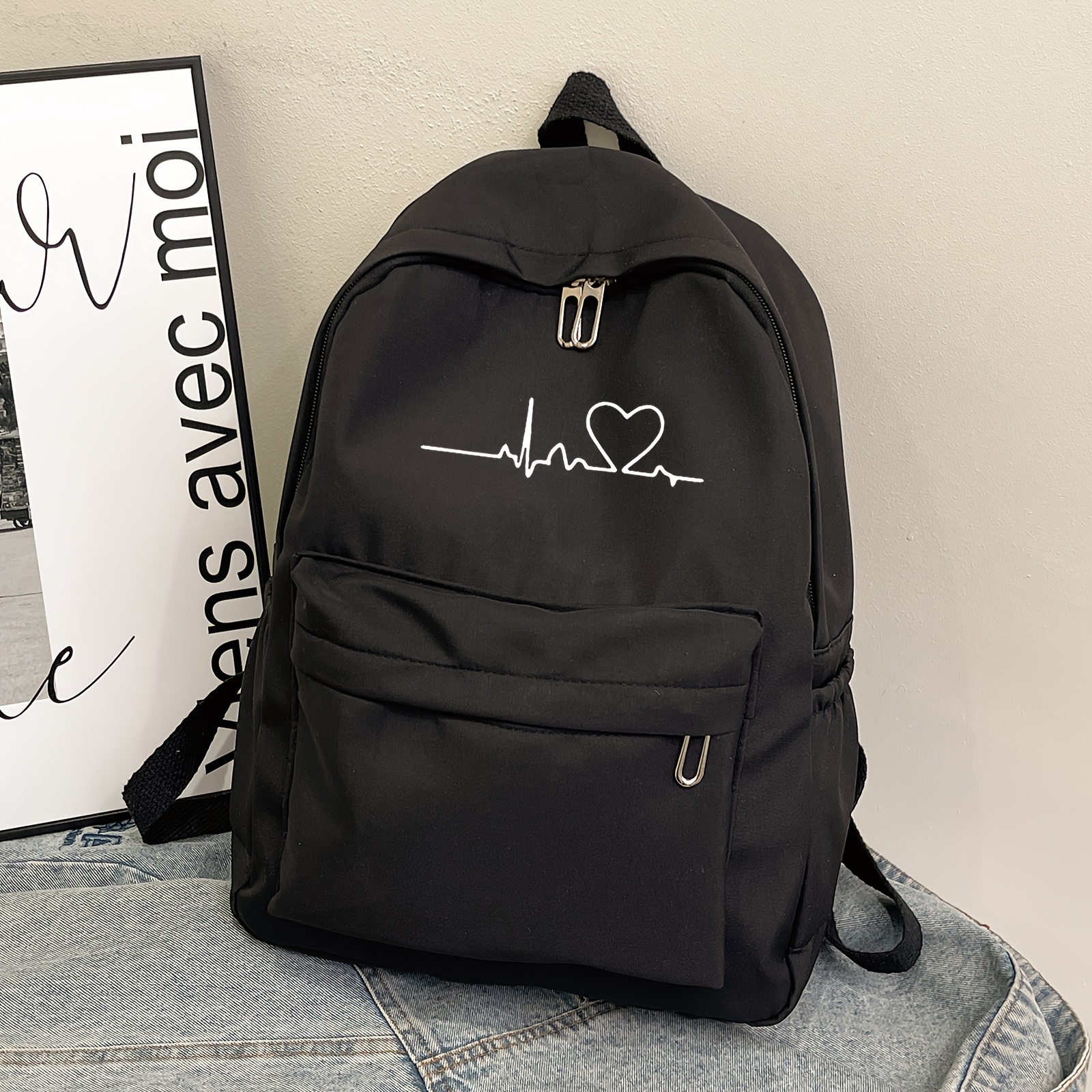 Image of 1pc Fashion Easy Versatile Heartbeat Pattern Casual Backpack Multifunctional Travel Bag Lightweight Trendy Suitable For Daily And University Use