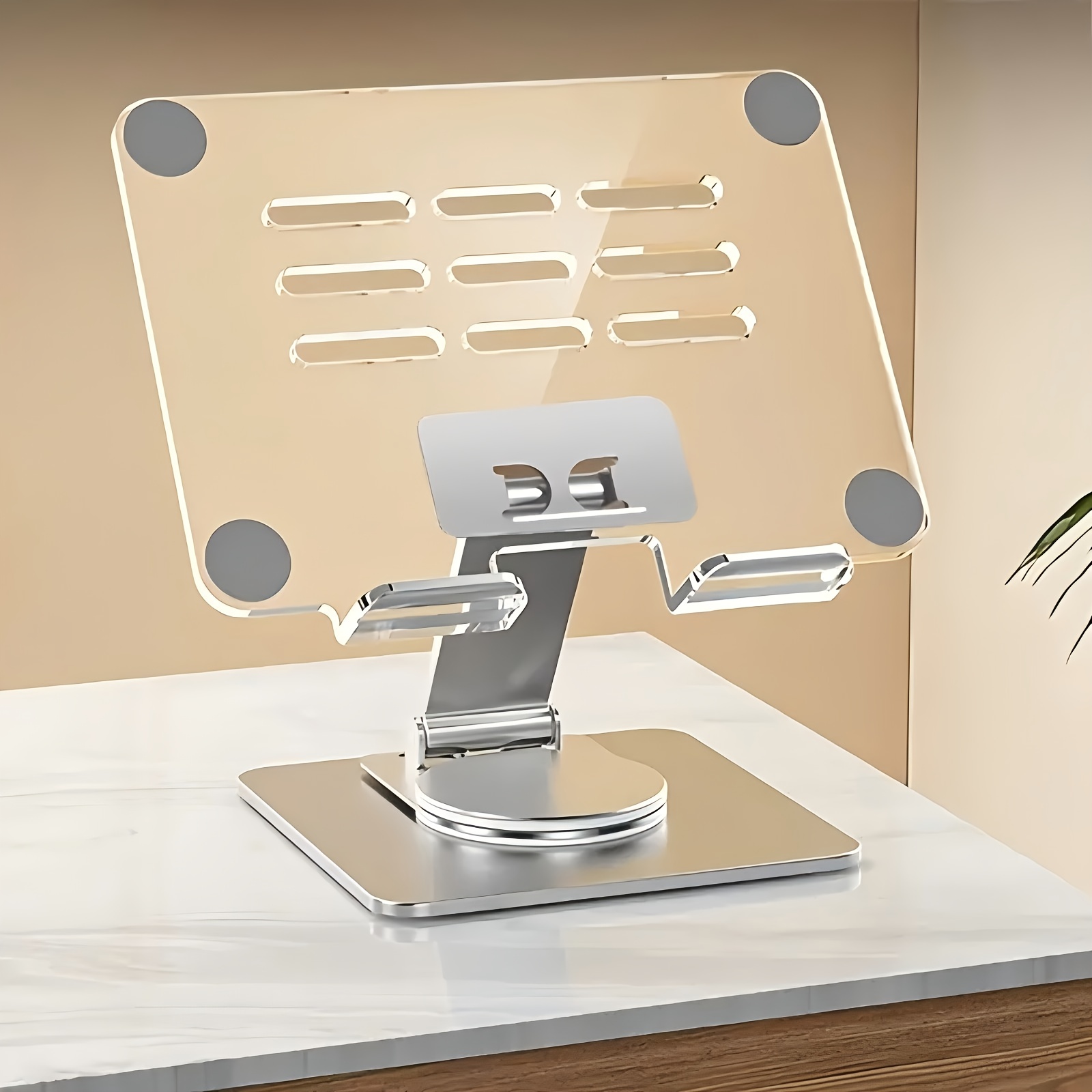 Image of Metal Base With Weight And A Tablet Holder That Can Rotate 360°, Designed For Desktops, Compatible With Phones And Tablets, Featuring A Unique Acrylic Panel Along With A Metal Base