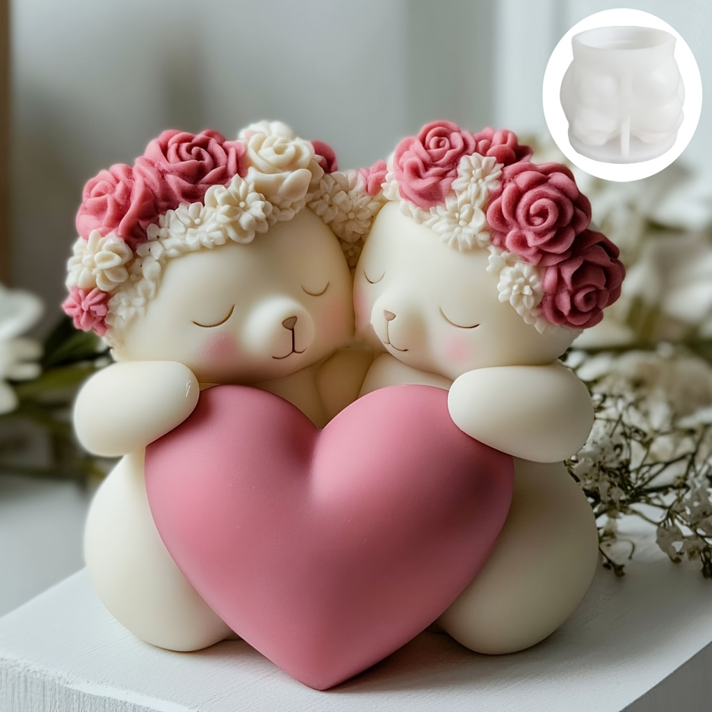 

Resin Casting Molds For Cute Bear Heart Candles, Rose Bear Candle Silicone Molds, Adorable Couple Bear Resin Plaster Cement Molds, And Bear Candle Molds.