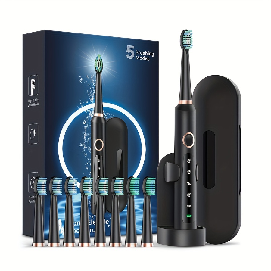 

Rechargeable Electric Toothbrush, Electric Toothbrush For Adults With 5 Modes And 2-min Smart Timer, 8 Replacement Brush Heads And Holder