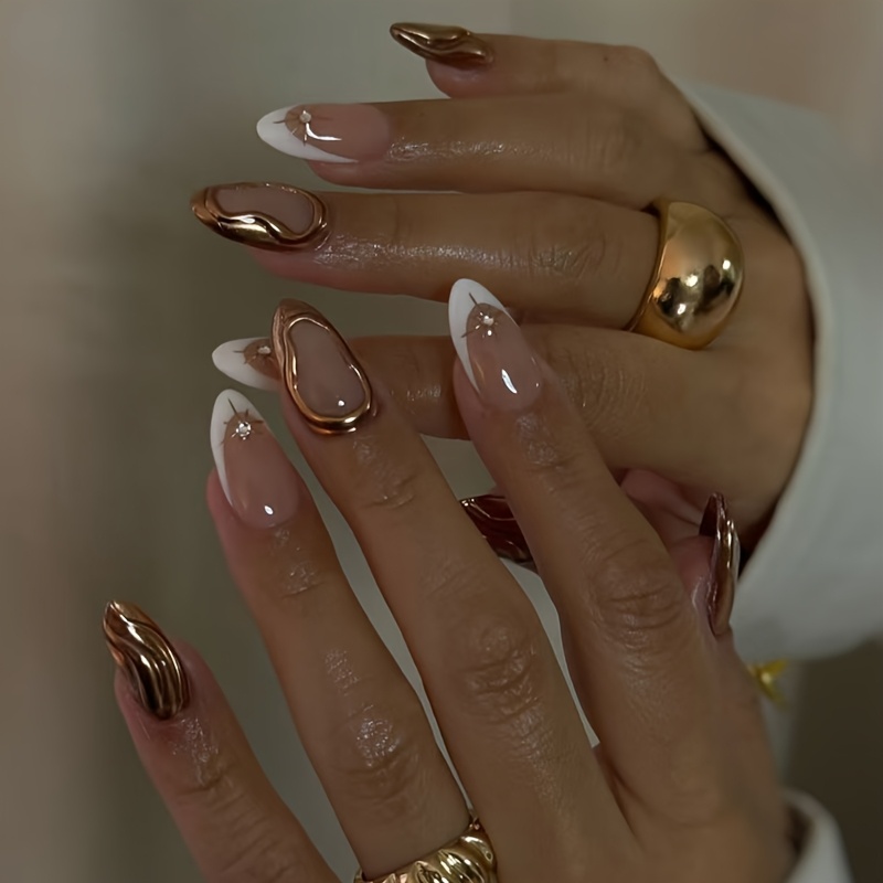 TEMU 30 uñas postizas cortas de , fáciles de aplicar, estilo flash de sol, tres dimensionales