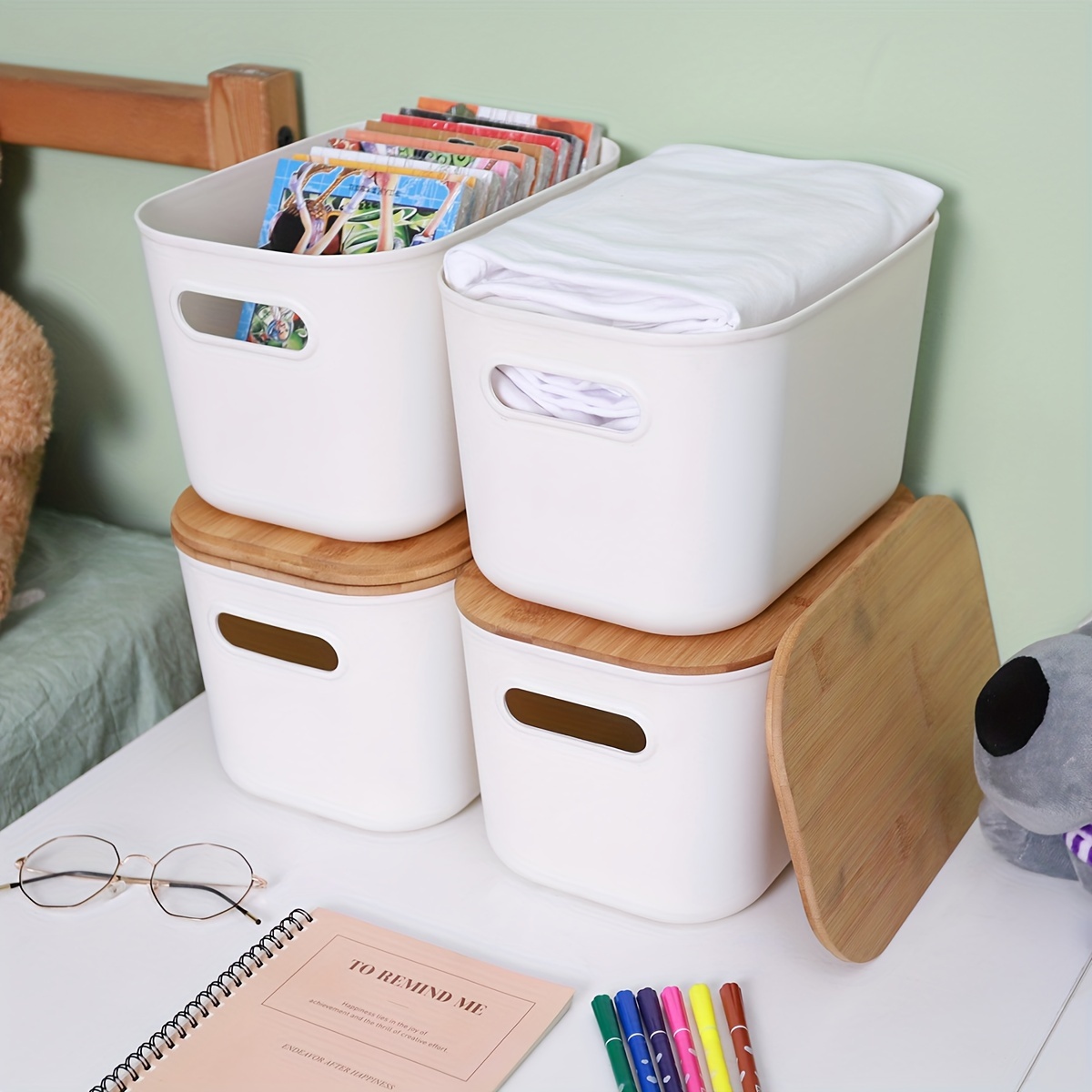 

2pcs 6.9qt Plastic Storage Bins With Bamboo For Organizing