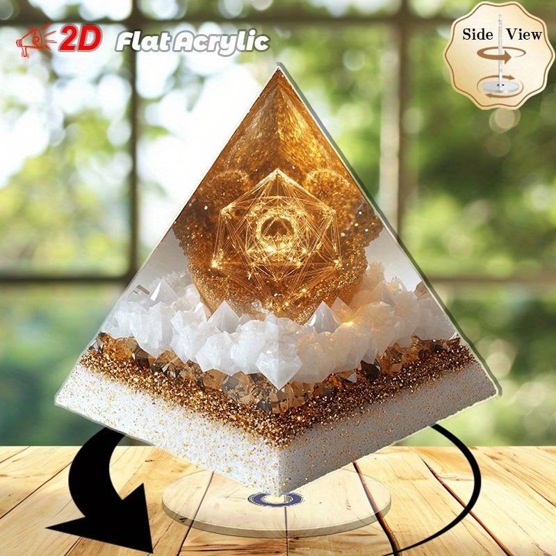 TEMU 2d Flat, 2d Flat - 1pc Rotating Acrylic Desktop Decoration - Transparent Pyramid With Golden And White Crystals, Elegant Office Environment And
